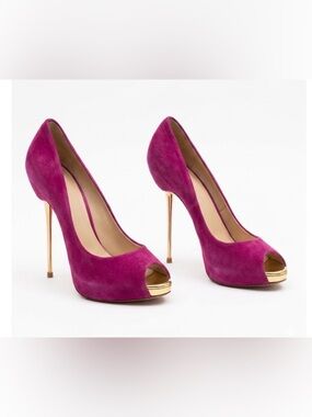 Authentic Christian Louboutin Lady Peep 150 – Fuchsia Suede & Gold Mirror Heel